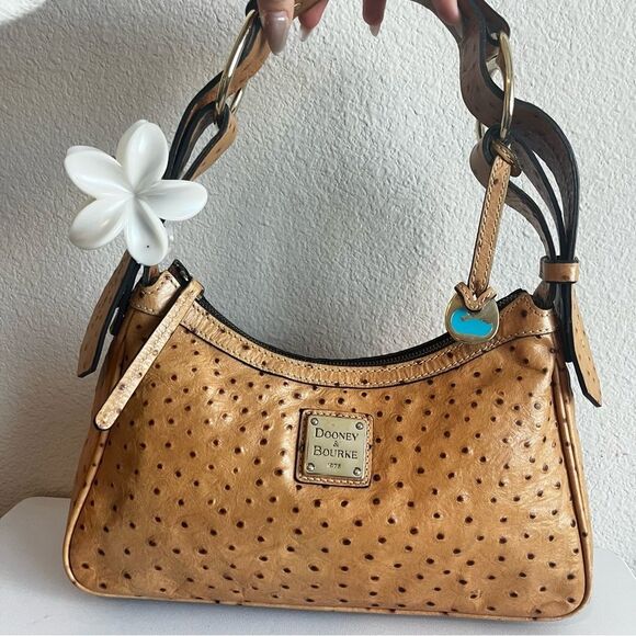 DOONEY & BOURKE Tan Ostrich Y2K Zip Hobo Baguette Shoulder Bag - Picture 1 of 13